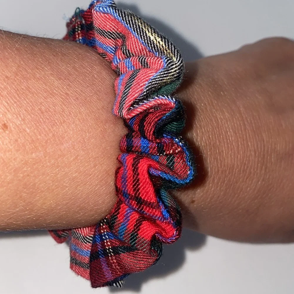 Victoria's Secret Plaid Hair Scrunchie Metallic Gold Thread Pink Blue NEW